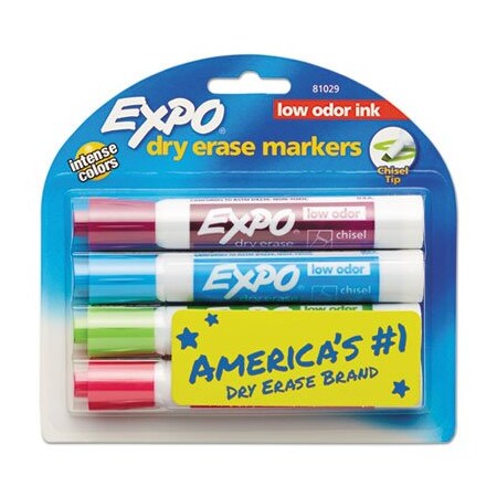 Dymo EXPO, LOW-ODOR DRY-ERASE MARKER, BROAD CHISEL TIP, ASSORTED COLORS, 4 Pieces 81029